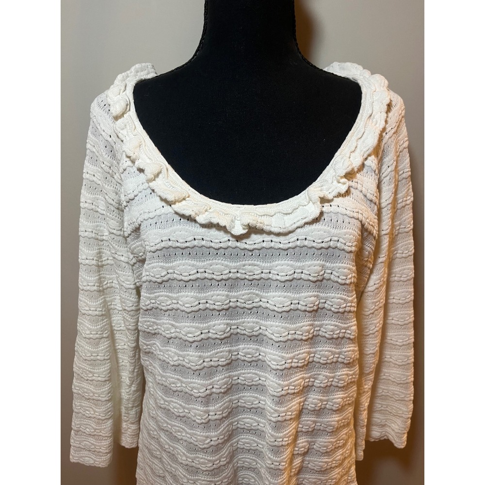 Saks Fifth Avenue White Pointelle Knit Ruffle Scoop Neck Top‎ XL Cotton Blend